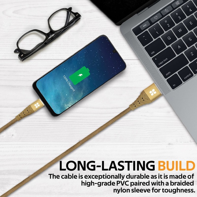 Promate Nervelink-C USB-A To USB-C Fabric Braided Data Sync & Charge Cable Gold