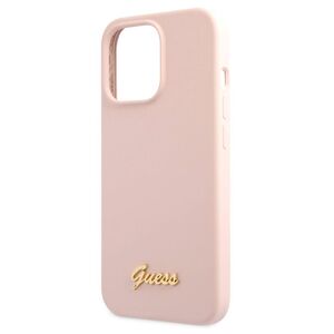 Guess Liquid Silicone Case with Gold Metal Logo Script for iPhone 13 Pro Max Pink
