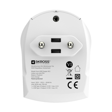 Skross Euro USB Charger AC With Type-C + Type A Port White