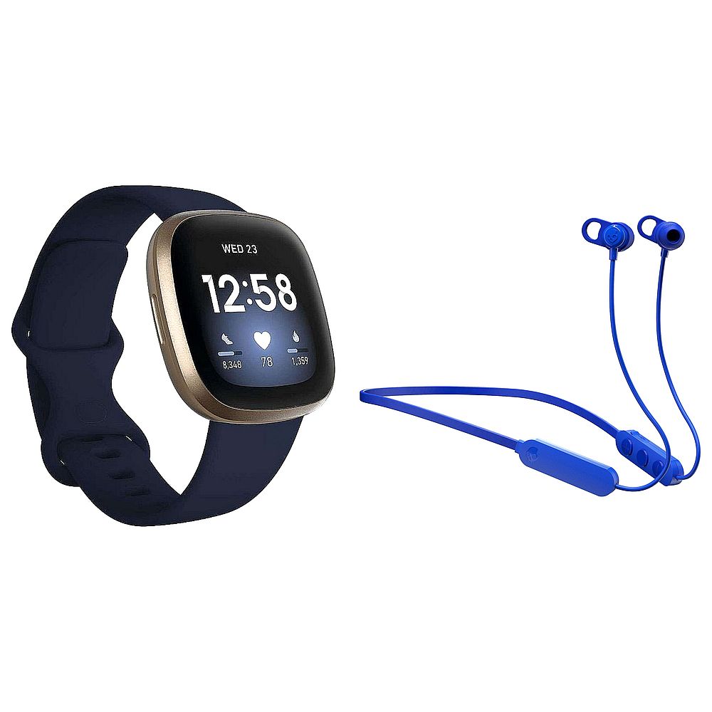 Fitbit Versa 3 Smartwatch Midnight/Soft Gold & Skullcandy Jib+ Wireless Earphones Blue (Bundle)