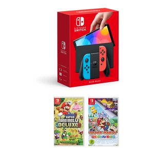Nintendo Switch OLED Neon Joy-Con + New Super Mario Bros. U Deluxe + Paper Mario Origami King