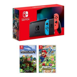 Nintendo Switch Extended Battery Console Neon Joy-Con + Mario Party Superstars + Minecraft
