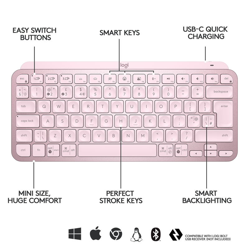 Logitech 920-010500 MX Keys Mini Wireless Illuminated Keyboard - (US International) - Rose
