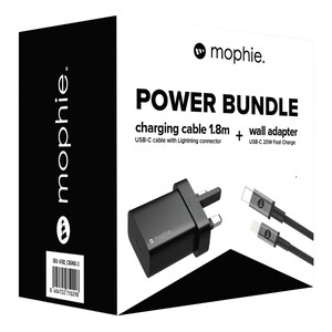 Mophie Charge and Sync Cable USB-C to Lightning 1.8M + Mophie Wall Adapter USB-C UK Plug 20W Black (Bundle)