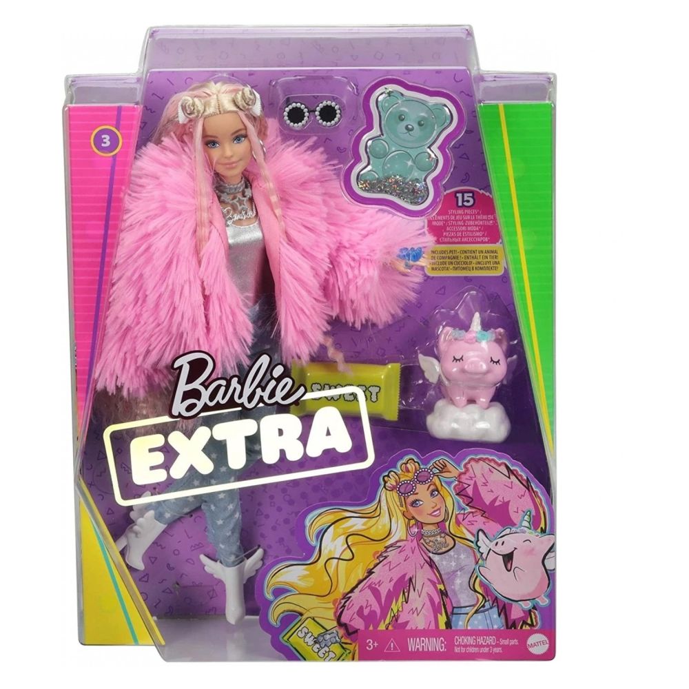 Barbie Extra Doll In Pink FluFFY Jacket With Unicorn Pet GRN28