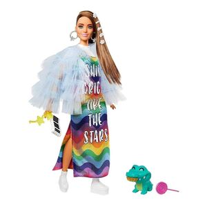 Barbie Extra Doll In Blue Ruffled Jacket With Crocodile Pet GYJ78