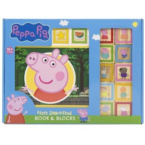 Peppa Pig 10 Wooden Blocks and Interactive First Look and Find Board Book Set | PI Kids