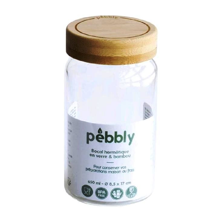 Pebbly Round Glass Jar W/ Screw Bamboo Lid 650ml