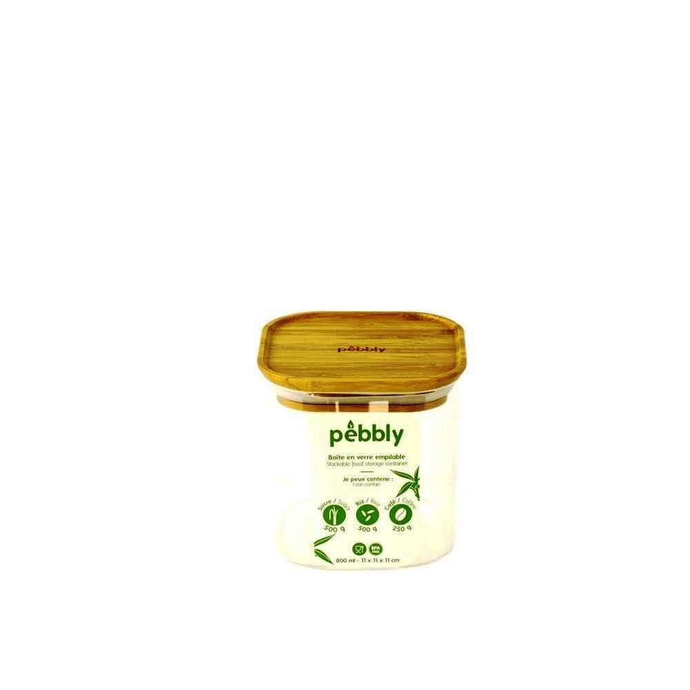Pebbly Square Glass Food Jar W/ Bamboo Lid 800ml