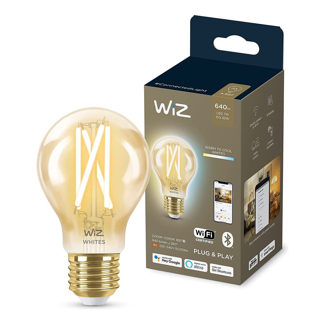 WiZ Filament Amber A60 E27 Smart Light Bulb - Tunable White (50W)