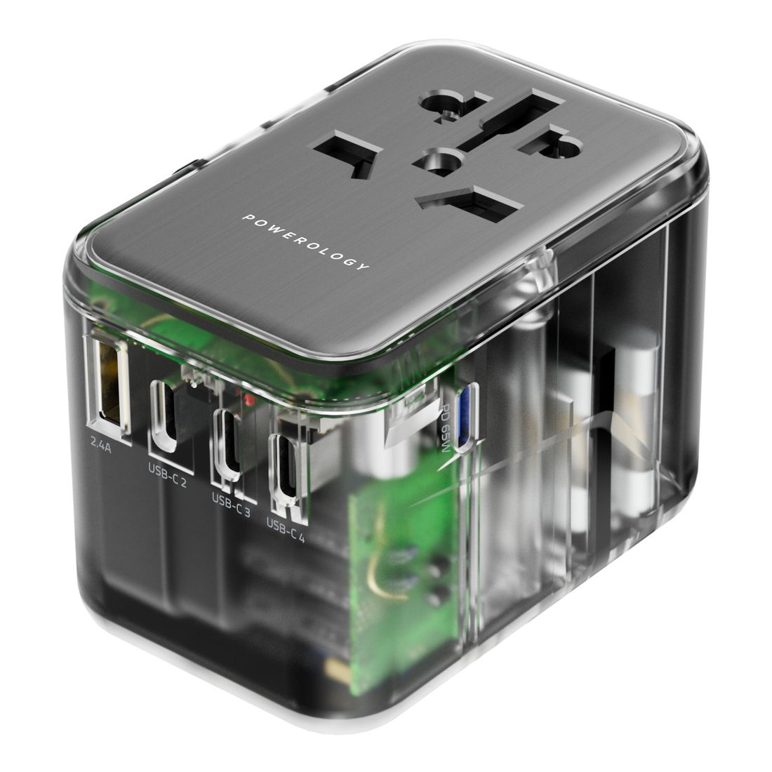 Powerology 65W PD Universal Multi-Port Travel Adapter with 4 Type-C Output - Transparent Grey