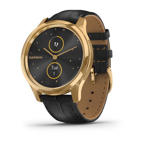 Garmin vivomove Luxe 42mm 24K Gold PVD Stainless Steel Case with Black Embossed Italian Leather Band Smartwatch