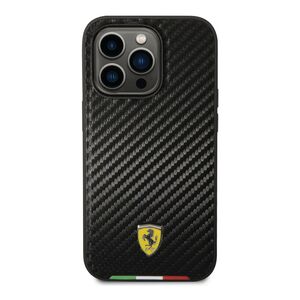 Ferrari Hard Case PU Carbon Effect & Italian Flag Line Metal Logo iPhone 14 Pro Max - Black