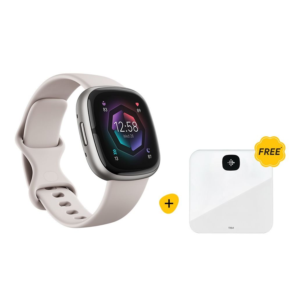 Fitbit Sense 2 Fitness Smartwatch - Lunar White/Platinum + Fitbit Aria Air White Smart Scale (Bundle)