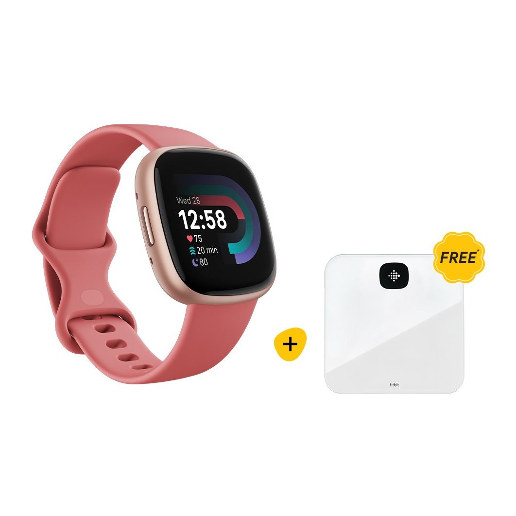 Fitbit Versa 4 Fitness Smartwatch - Pink Sand / Copper Rose + Fitbit Aria Air White Smart Scale (Bundle)