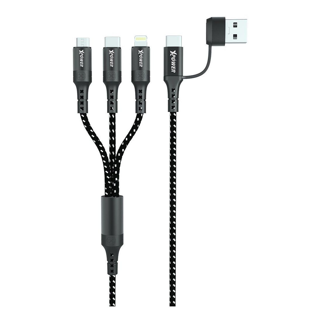XPower ACX3 2-in (USB-A/USB-C) 3-Out (USB-C/Lightning/Micro-USB) Nylon Charging Cable 1m - Black