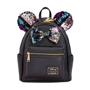 Loungefly Leather Disney Sequin Minnie Mouse Black Trim Mini Backpack