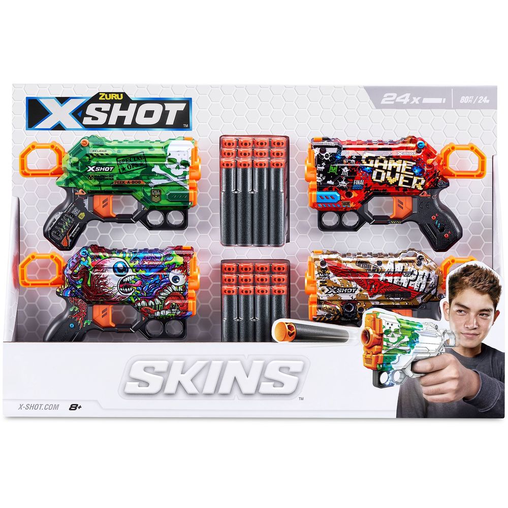 X-Shot Skins Menace Blasters (Pack of 4) (with 24 Darts)