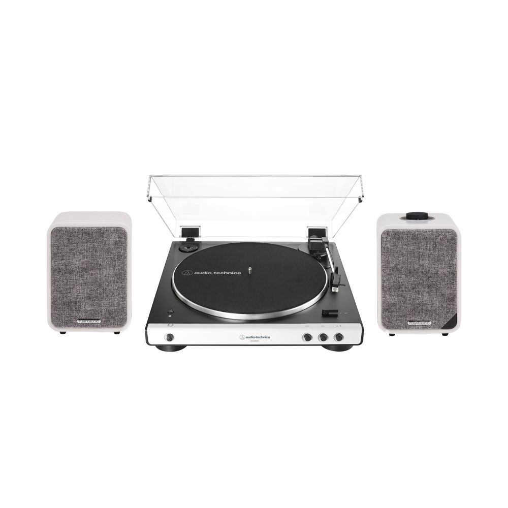 Audio Technica AT-LP60xBT Fully Automatic White/Silver Bluetooth Belt-DriveTurntable with Ruark MR1SG Soft Grey Bluetooth Speakers (Pair)