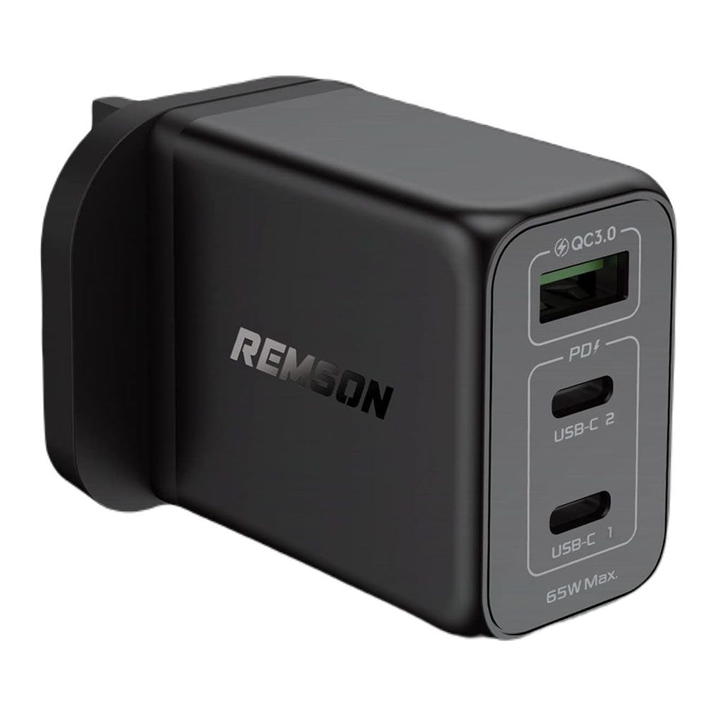 Remson 65W 3-Ports GaN Charger USB-C Power Adapter Wall Charger Fast Charging PD 3.0 USB-A Port - Black