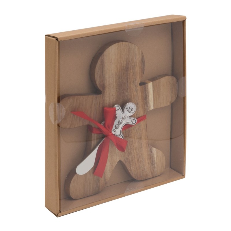 Santa Express Acacia Wooden Gingerbread Man Cheeseboard & Knife Red Bow
