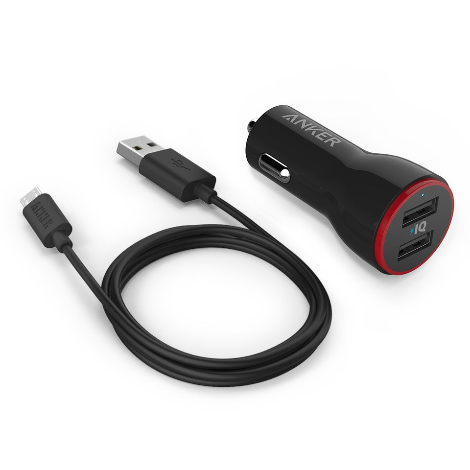 Anker 2 Port Black Car Charger with Micro-USB Cable 3ft