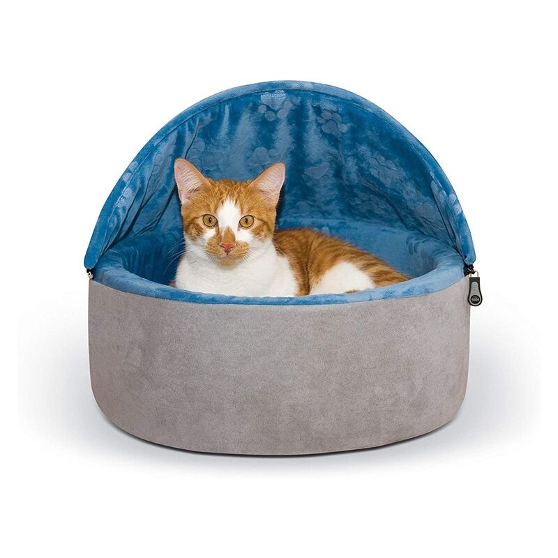 K & H Self-Warming Hooded Kitty Bed - Small - Blue/Gray (41 cm)