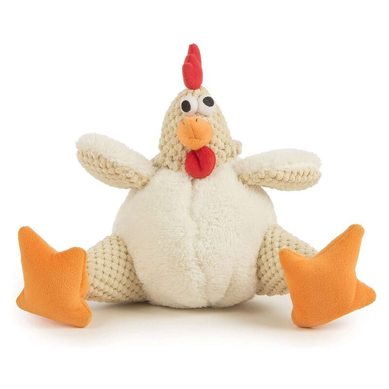 Godog Checkers Fat White Rooster Durable Plush Squeaker Dog Toy with Chew Guard Technology - Small