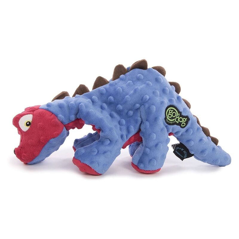 Godog Dinos Spike Durable Plush Squeaker Dog Toy with Chew Guard Technology - Blue - Large