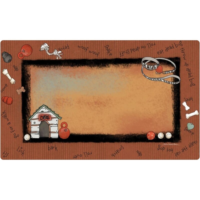 Drymate Dog Bowl Placemat - White Kennel / Rust Stripe Border - 16 x 28 inch