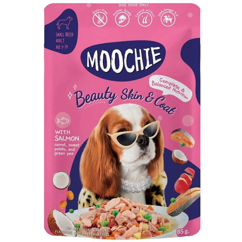 Moochie Dog Food Casserole with Salmon - Beauty Skin & Coat Pouch 12 x 85G