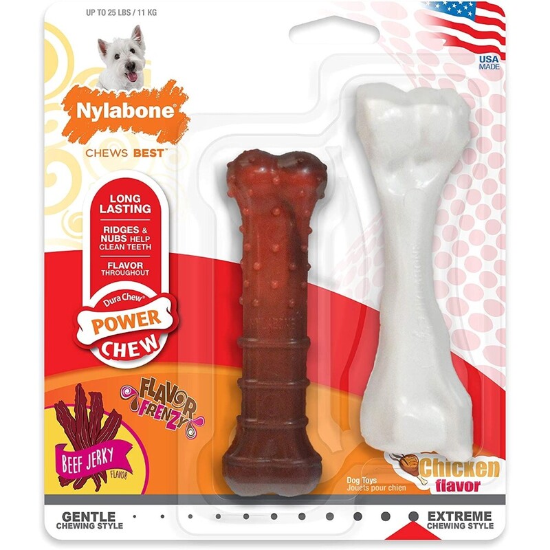Nylabone Power Chew Durable Dog Chew Toys Twin Pack Beef Jerky & Chicken Flavours Small - For Dogs Up To 11Kg