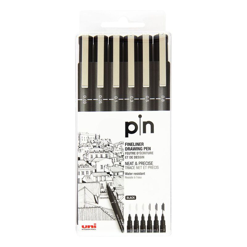 Uni Pin Fine Liner Black Pens (Set Of 6)