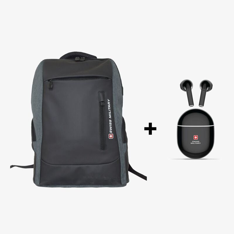 Swiss Military Jackpot Backpack 29L - Grey Black + Delta 2 True Wireless Earbuds ENC - Black (Bundle)