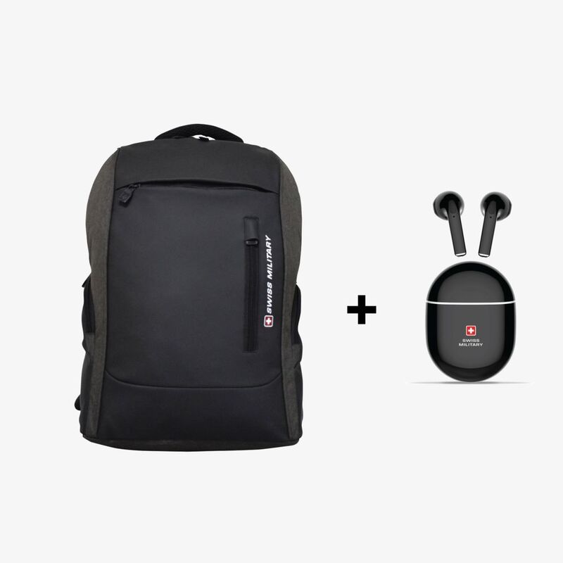 Swiss Military Jackpot Backpack 29L - Black Brown + Delta 2 True Wireless Earbuds ENC - Black (Bundle)
