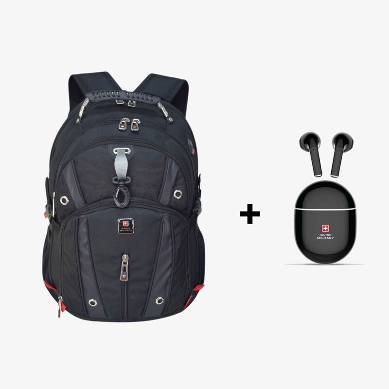 Swiss Military Luxury Backpack 31L (LBP76) - Black  + Delta 2 True Wireless Earbuds ENC - Black (Bundle)