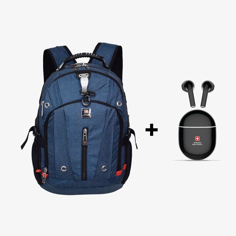 Swiss Military Luxury Backpack 31L - Blue + Delta 2 True Wireless Earbuds ENC - Black (Bundle)