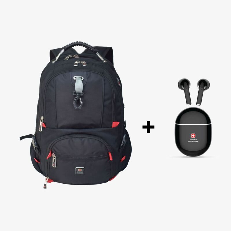 Swiss Military Luxury Backpack 31L (LBP77) - A Black  + Delta 2 True Wireless Earbuds ENC - Black (Bundle)