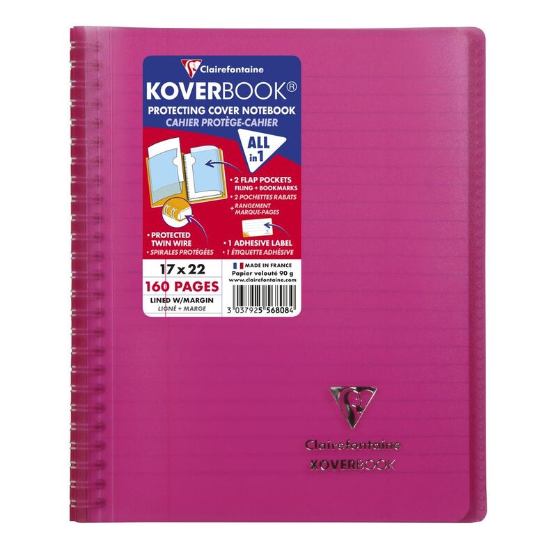 Clairefontaine Koverbook Wirebound Wraparound Opaque Polypro Notebook - 80 Lined Sheets (17 x 22 cm) - Pink