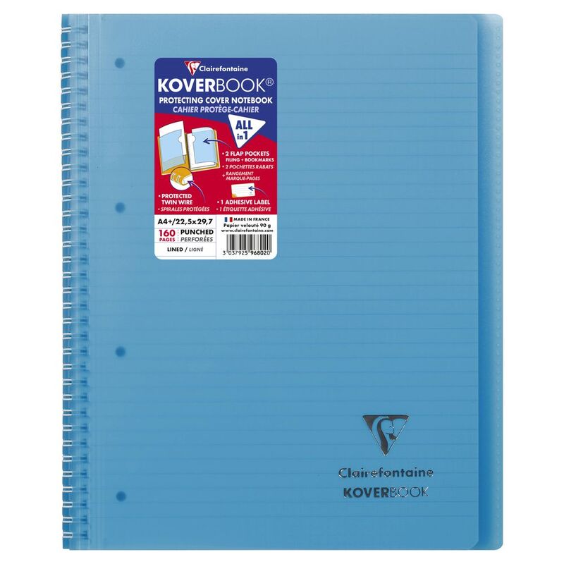 Clairefontaine Koverbook Wirebound Wraparound Opaque Polypro Notebook - 80 Lined Sheets (22.5 x 29.7 cm) - Blue