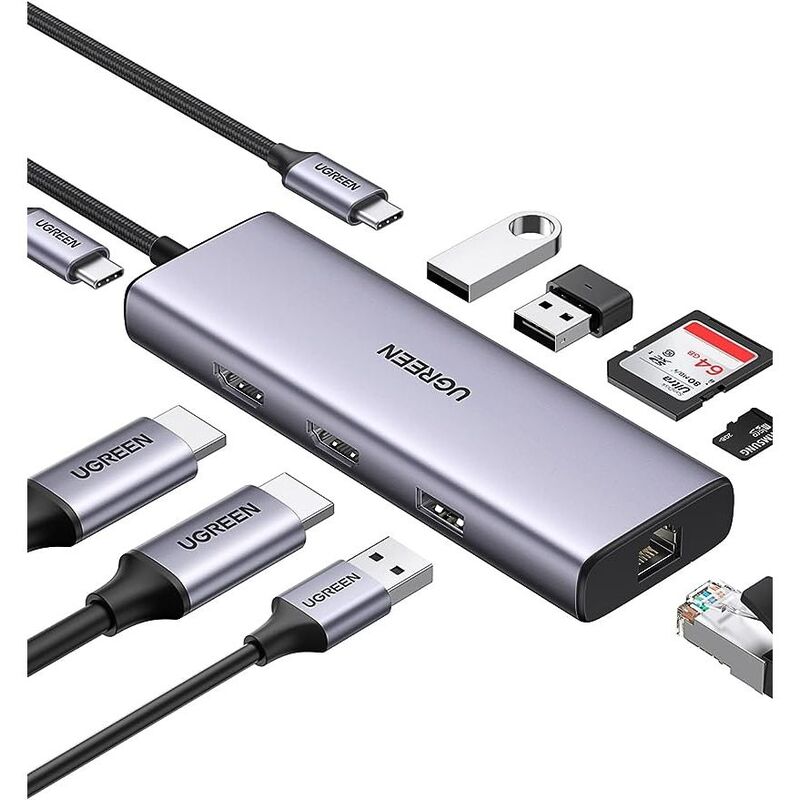 Ugreen 9-In-1 CM490 Hub USB-C 2X USB-A 3.0 USB-A 2.0 2X HDMI 4K/60Hz SD/Tf RJ45 Adapter
