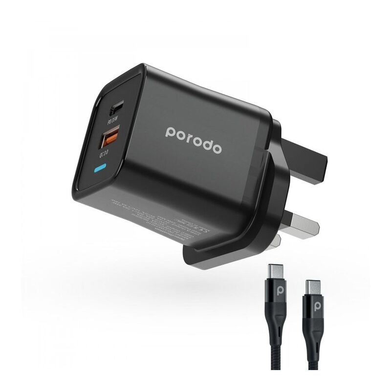 Porodo Dual Port PD + USB-A ( 35W+18W) Charger With Type-C To Type-C Cable
