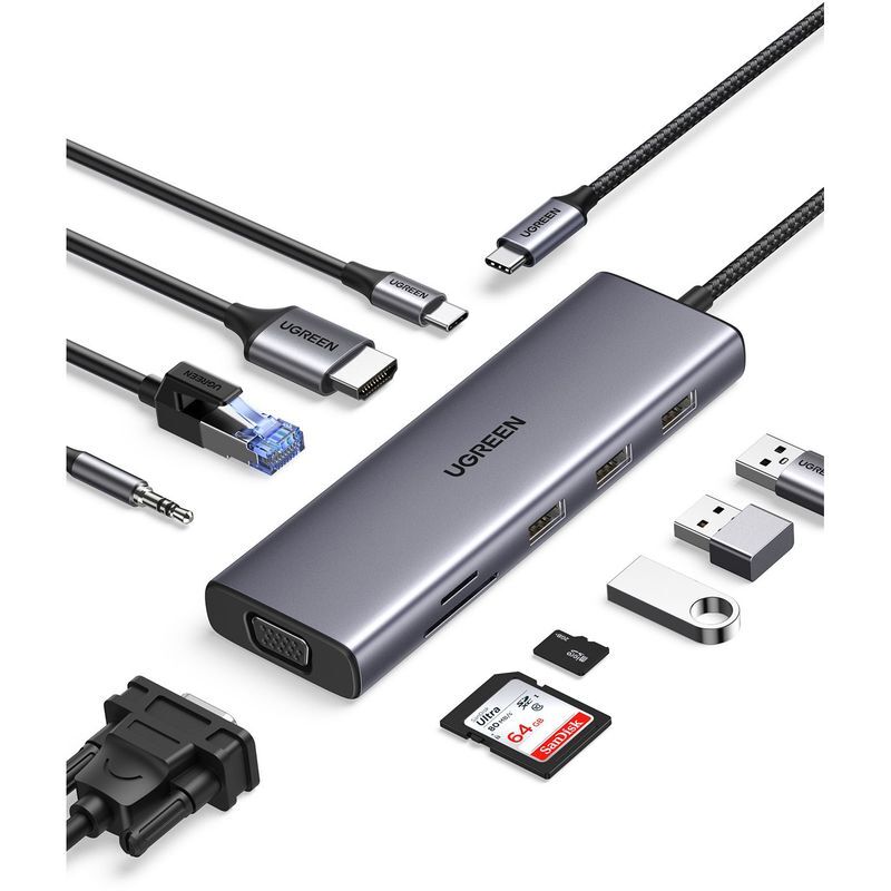 UGREEN 10-in-1 USB-C HUB 3xUSB-A 3.0/USB-C 100W PD/SD/TF/RJ45/4K HDMI/VGA/3.5mm - Space Grey