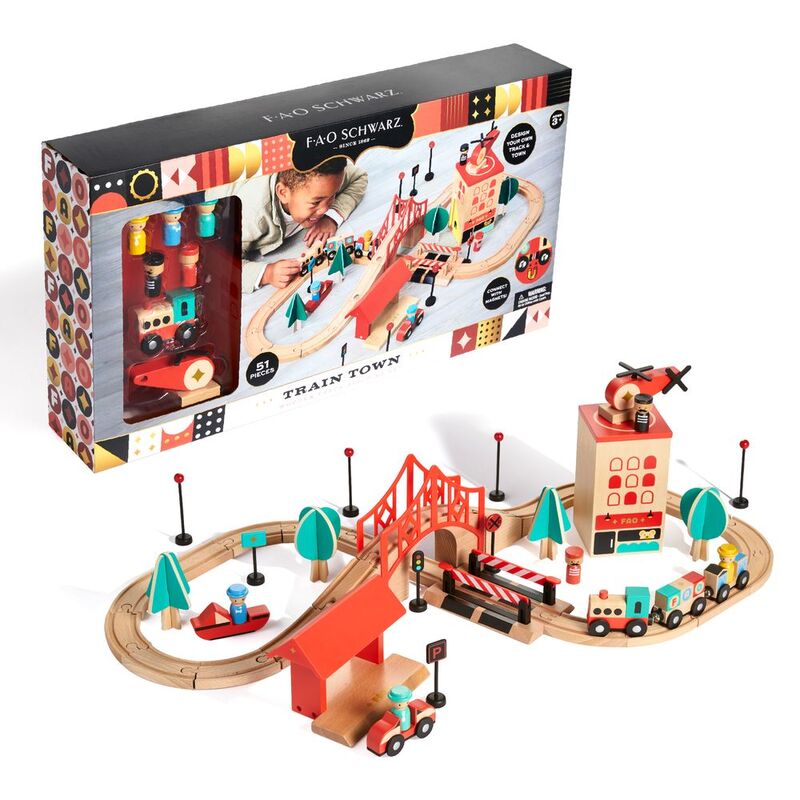 FAO Schwarz Train Town Wooden Train And Track Set