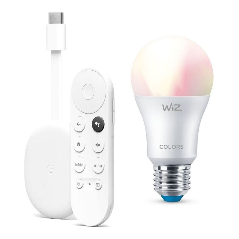 Google Chromecast with Google TV (HD Version) with Voice Remote - Snow + Wiz Color/Tunable White Smart Bulb A60 9W