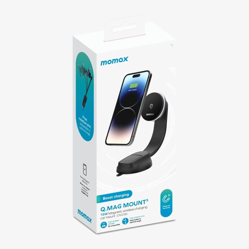 Momax Q.Mag Mount 5 15W Magnetic Wireless Charging Car Mount Suction Cup - Black