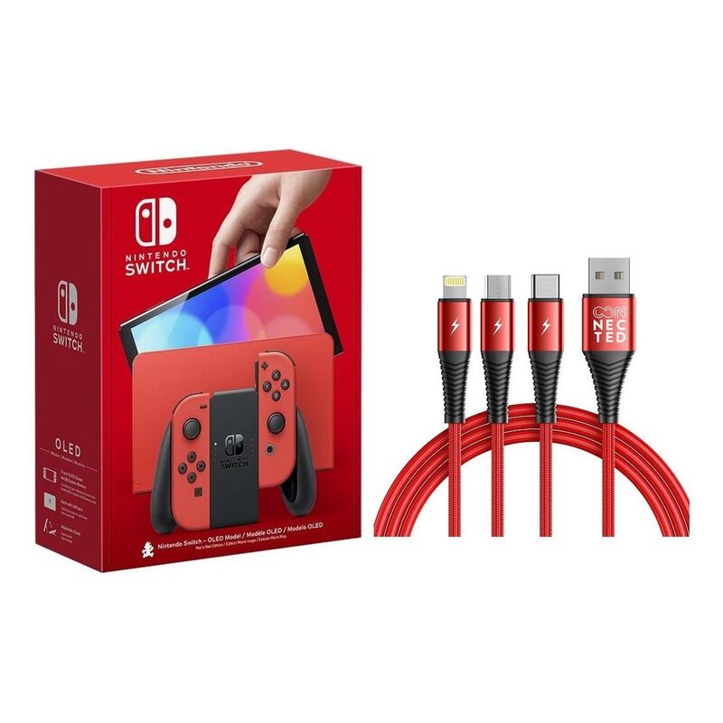 Nintendo Switch OLED - Mario RED Edition Console + Connected Thicky 3-in-1 USB-A to Lightning/USB-C/Micro USB Cable 1.2m - Red (Bundle)