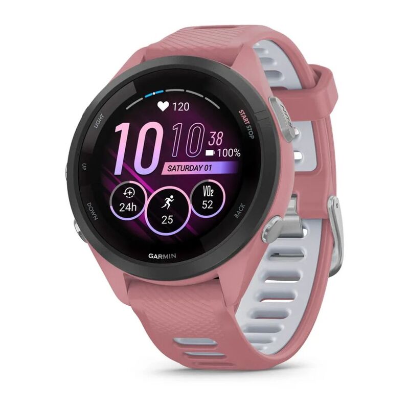 Garmin Forerunner 265S Smartwatch - Black Bezel With Light Pink Case And Light Pink/Powder Grey Silicone Band