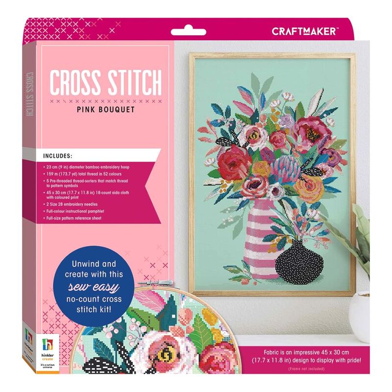 Craft Maker Cross-Stitch Kit - Pink Bouquet | Hinkler Books