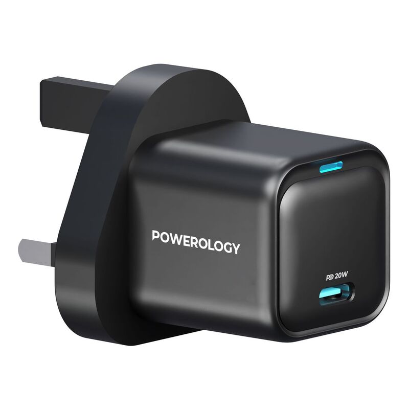 Powerology UK 3Pin Ultra-Compact USB-C GaN Charger 20W - Black